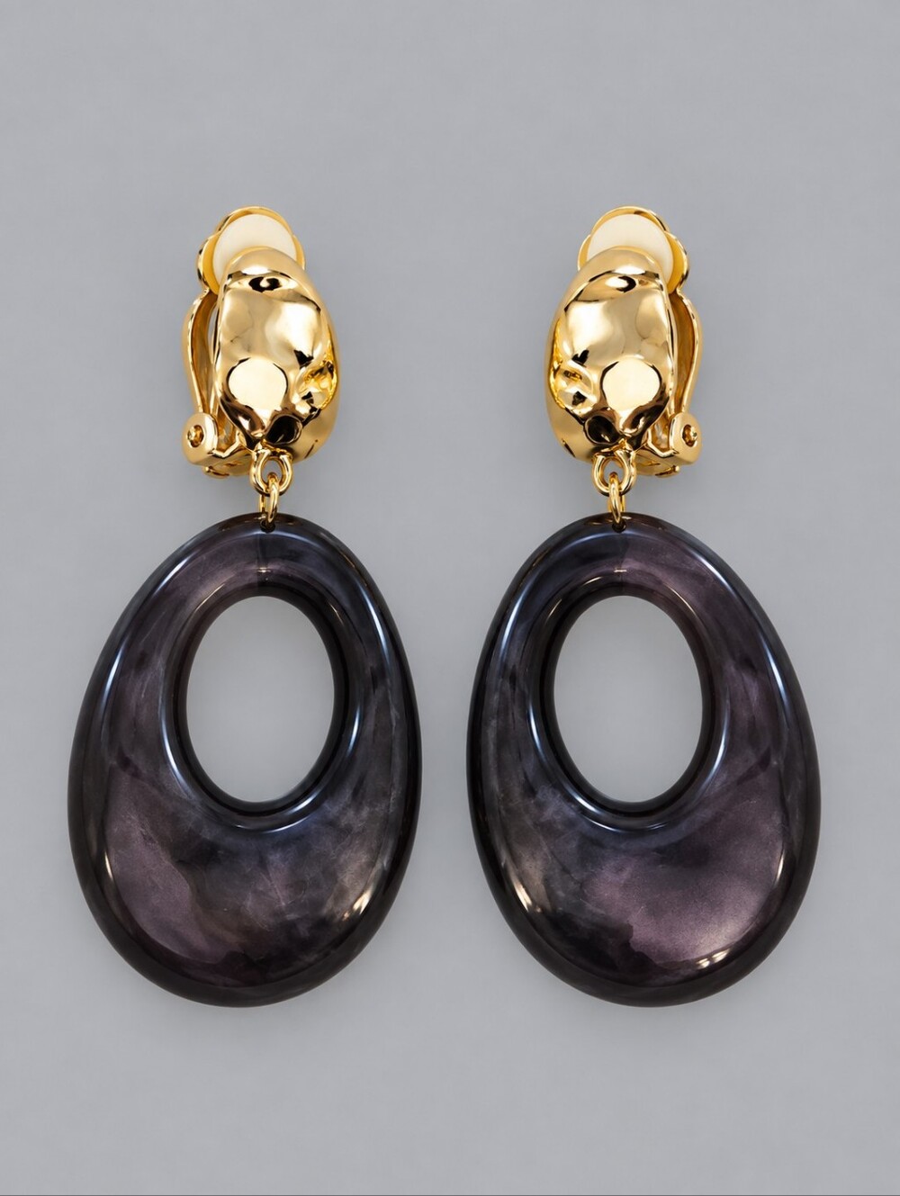 3/$30 Gold-Tone Clip-On Earrings with Smoky Purple Resin Hoops